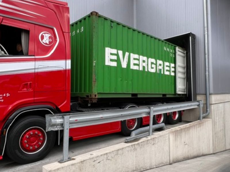 Roter Lkw mit grünem Container.